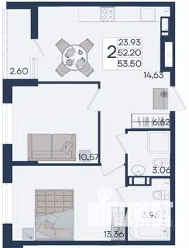 2-к квартира, вторичка, 54м2, 4/18 этаж