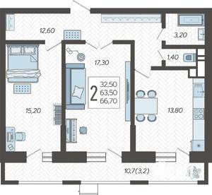 2-к квартира, вторичка, 68м2, 2/12 этаж