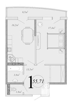 1-к квартира, вторичка, 56м2, 4/16 этаж