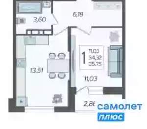 1-к квартира, вторичка, 36м2, 6/12 этаж