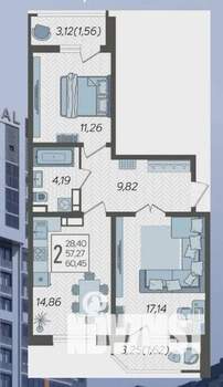 2-к квартира, вторичка, 60м2, 13/18 этаж