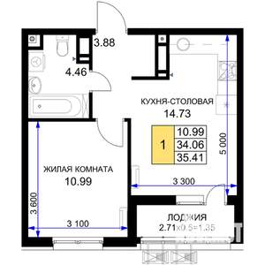 1-к квартира, строящийся дом, 35м2, 10/18 этаж