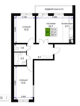 2-к квартира, вторичка, 65м2, 14/16 этаж