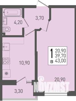 1-к квартира, строящийся дом, 43м2, 2/22 этаж