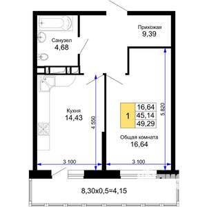 1-к квартира, вторичка, 49м2, 6/15 этаж