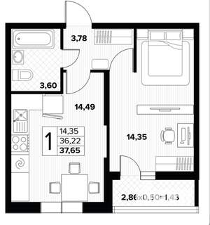 1-к квартира, вторичка, 37м2, 13/19 этаж