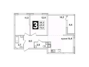 3-к квартира, вторичка, 74м2, 6/16 этаж