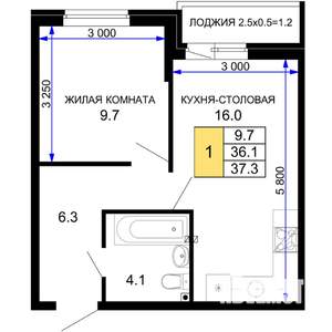 1-к квартира, строящийся дом, 37м2, 2/16 этаж