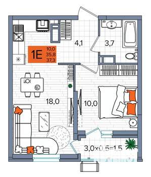 1-к квартира, сданный дом, 37м2, 16/16 этаж