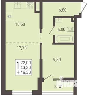 1-к квартира, строящийся дом, 46м2, 1/8 этаж