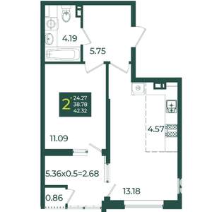 2-к квартира, вторичка, 42м2, 7/18 этаж
