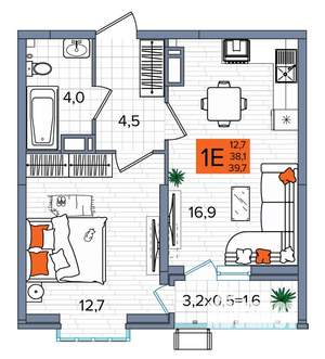 1-к квартира, сданный дом, 40м2, 16/16 этаж