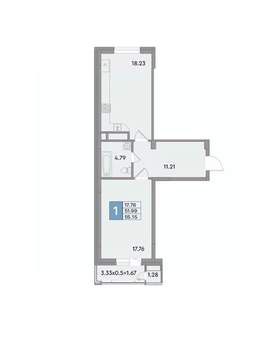 1-к квартира, вторичка, 55м2, 6/12 этаж