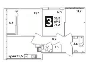 3-к квартира, вторичка, 74м2, 16/16 этаж