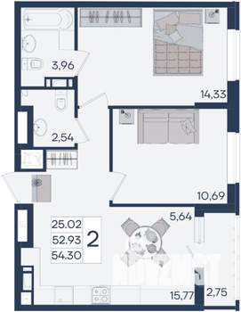 2-к квартира, вторичка, 54м2, 12/18 этаж