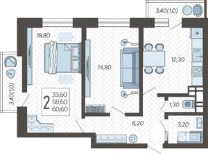 2-к квартира, строящийся дом, 62м2, 1/12 этаж