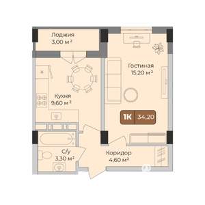 1-к квартира, вторичка, 34м2, 9/9 этаж