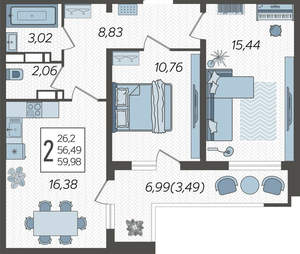 2-к квартира, строящийся дом, 60м2, 22/23 этаж