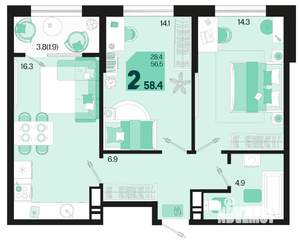 2-к квартира, вторичка, 58м2, 7/18 этаж