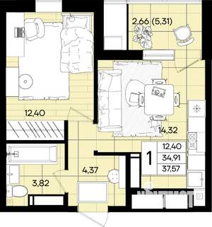 1-к квартира, вторичка, 38м2, 15/18 этаж