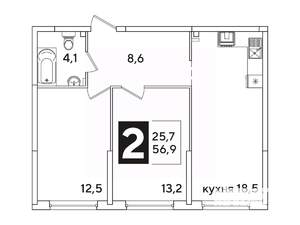 2-к квартира, вторичка, 57м2, 2/16 этаж