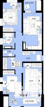 3-к квартира, вторичка, 87м2, 3/18 этаж