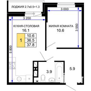 1-к квартира, строящийся дом, 38м2, 6/16 этаж