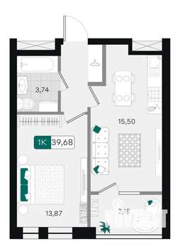 1-к квартира, вторичка, 40м2, 5/18 этаж