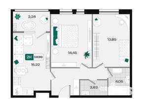 2-к квартира, вторичка, 60м2, 2/18 этаж