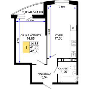 1-к квартира, вторичка, 43м2, 17/19 этаж