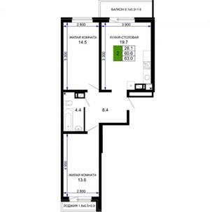 2-к квартира, вторичка, 62м2, 6/16 этаж