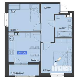 2-к квартира, строящийся дом, 45м2, 2/5 этаж