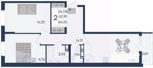 2-к квартира, вторичка, 64м2, 7/18 этаж