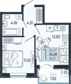 1-к квартира, вторичка, 34м2, 4/21 этаж