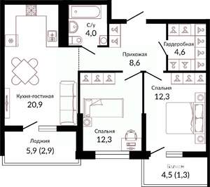2-к квартира, вторичка, 69м2, 13/22 этаж