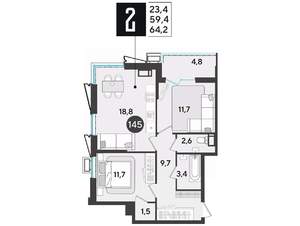 2-к квартира, вторичка, 65м2, 18/18 этаж