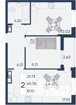2-к квартира, вторичка, 51м2, 5/18 этаж