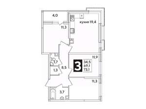 3-к квартира, вторичка, 73м2, 6/16 этаж