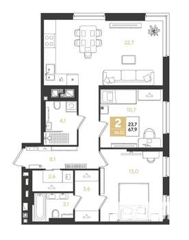 2-к квартира, вторичка, 68м2, 5/18 этаж