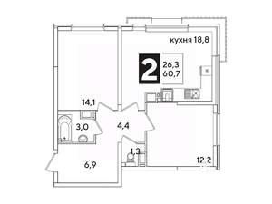 2-к квартира, вторичка, 61м2, 15/16 этаж