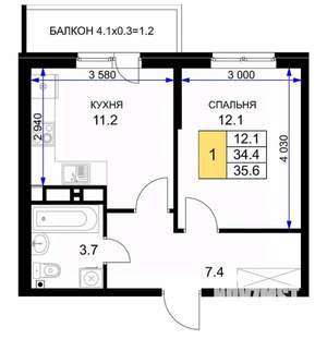 1-к квартира, вторичка, 36м2, 4/16 этаж