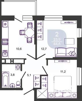 2-к квартира, сданный дом, 45м2, 22/24 этаж