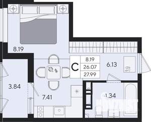 Студия квартира, вторичка, 28м2, 6/9 этаж
