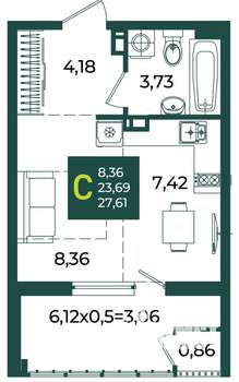 Студия квартира, вторичка, 28м2, 7/18 этаж