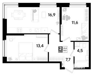 2-к квартира, строящийся дом, 54м2, 2/16 этаж