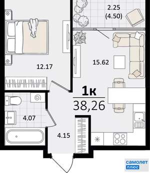 1-к квартира, вторичка, 38м2, 14/18 этаж