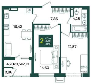 2-к квартира, вторичка, 59м2, 15/18 этаж