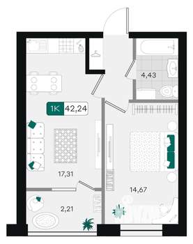 1-к квартира, вторичка, 42м2, 2/9 этаж