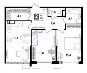 2-к квартира, вторичка, 59м2, 15/19 этаж