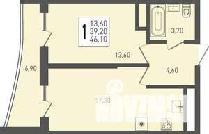 1-к квартира, строящийся дом, 46м2, 24/24 этаж